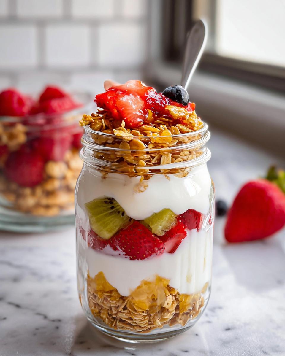 Close-up of layered Breakfast Parfaits (Meal Prep) in a mason jar with yogurt, granola, strawberries, and kiwi.