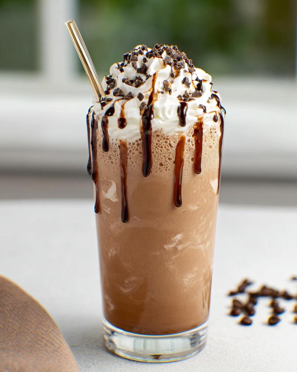 A tall glass filled with a blended Mocha Frappuccino, topped with whipped cream, chocolate drizzle, and sprinkles.