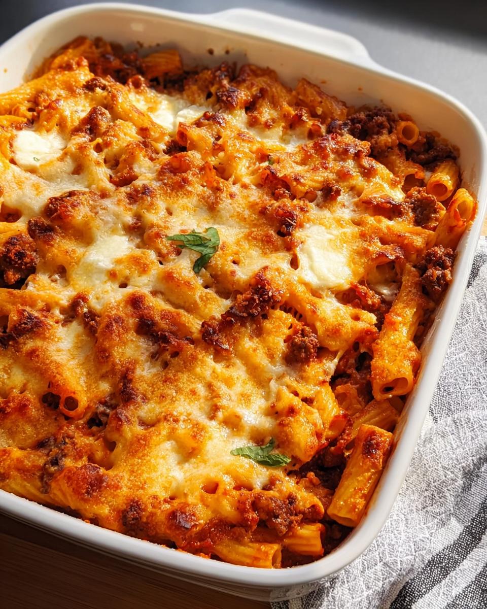 Close-up of a bubbling, cheesy Budget Pasta Bake in a white rectangular dish, topped with browned cheese.