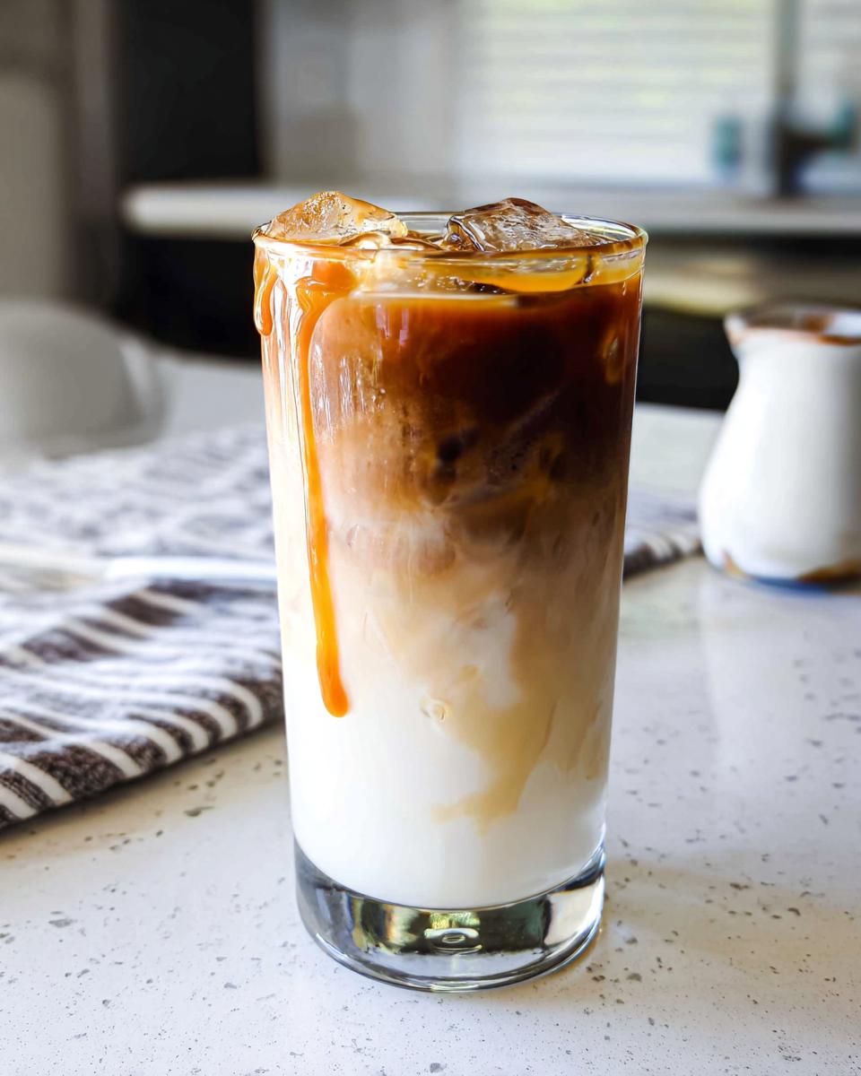 Close-up of a tall glass containing a layered Café-Style Iced Caramel Macchiato with ice and caramel dripping down the side.
