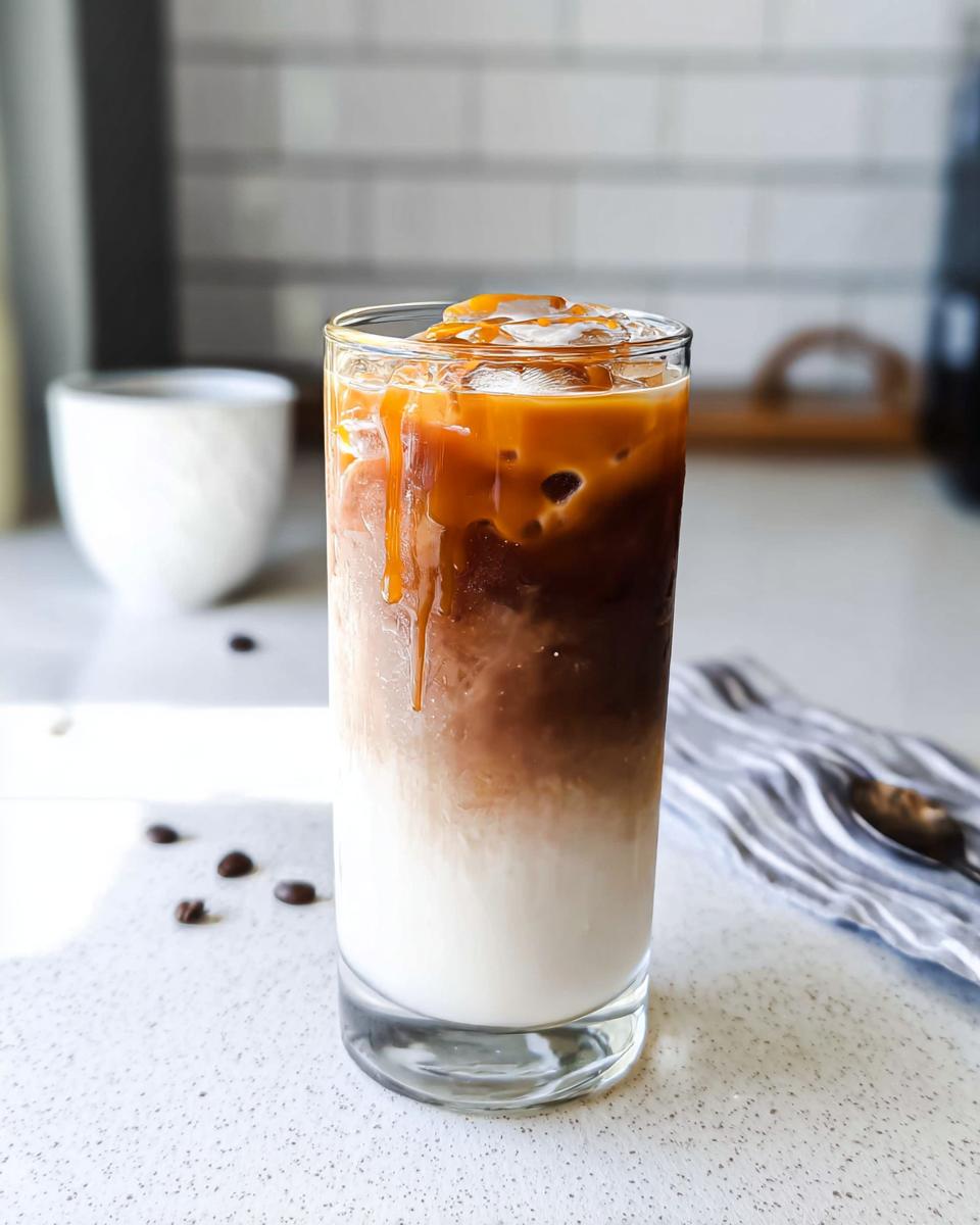 A tall glass showcasing the layers of a Café-Style Iced Caramel Macchiato with milk, espresso, and caramel drizzle on top.