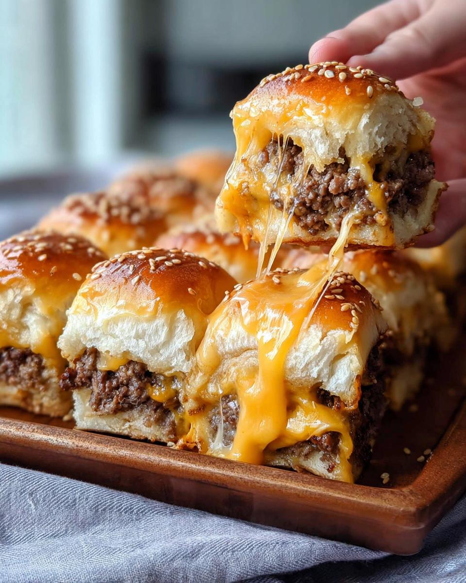 A hand pulling apart a hot Cheeseburger Sliders Bake slider, showing extreme cheese pull over ground beef filling.