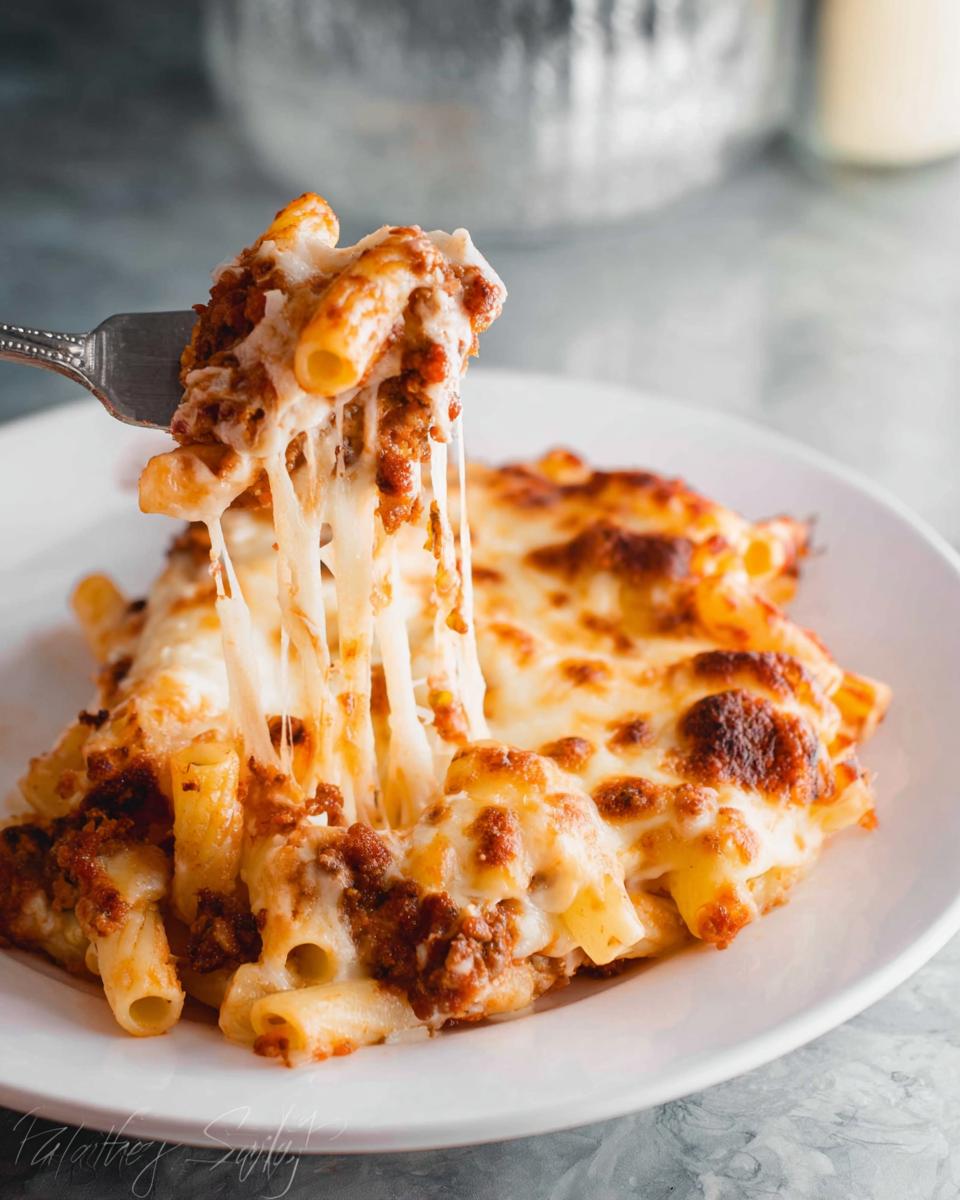 A fork lifts a cheesy, saucy portion of Baked Ziti for a Crowd, showing long mozzarella cheese pulls.