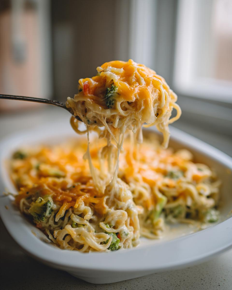 A spoonful of creamy, cheesy noodle casserole with broccoli being lifted from a white baking dish, showing cheese pull.