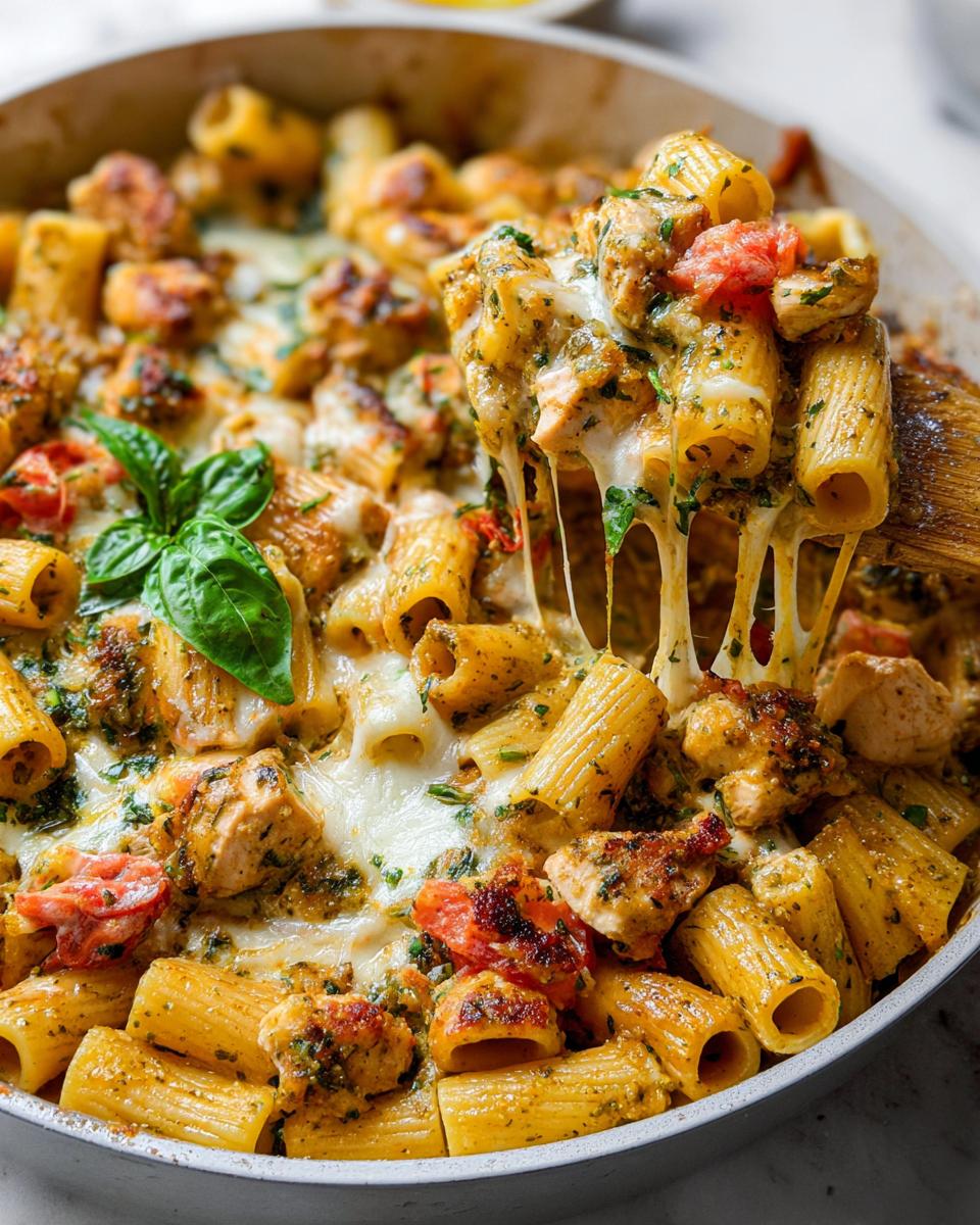 A wooden spoon lifts a serving of cheesy Chicken Pesto Pasta Bake, showing long, gooey cheese pulls.