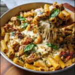 A wooden spoon lifts a serving of cheesy Chicken Pesto Pasta Bake, showing long cheese pulls.