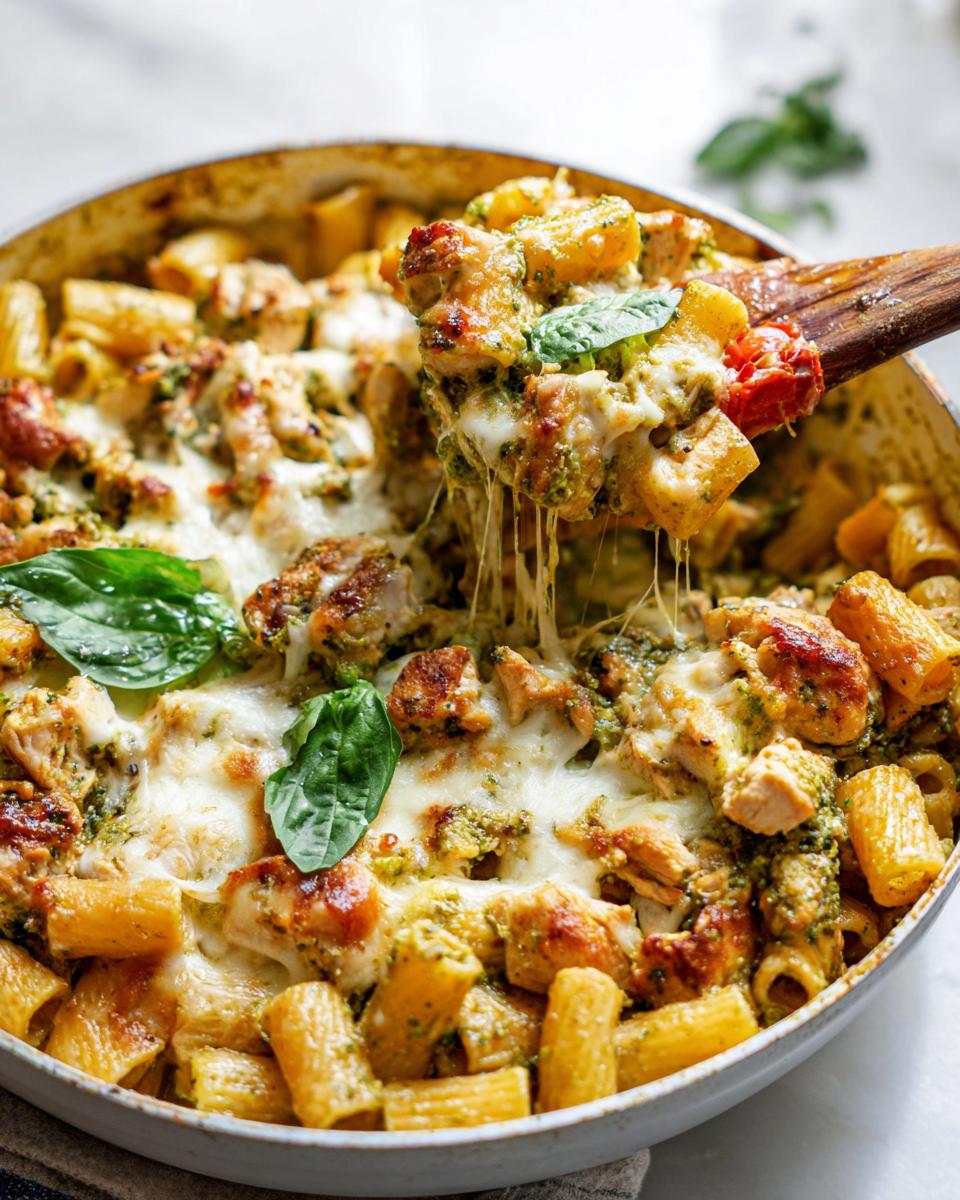 A wooden spoon lifting a cheesy portion of Chicken Pesto Pasta Bake from a skillet, showing melted cheese strings.