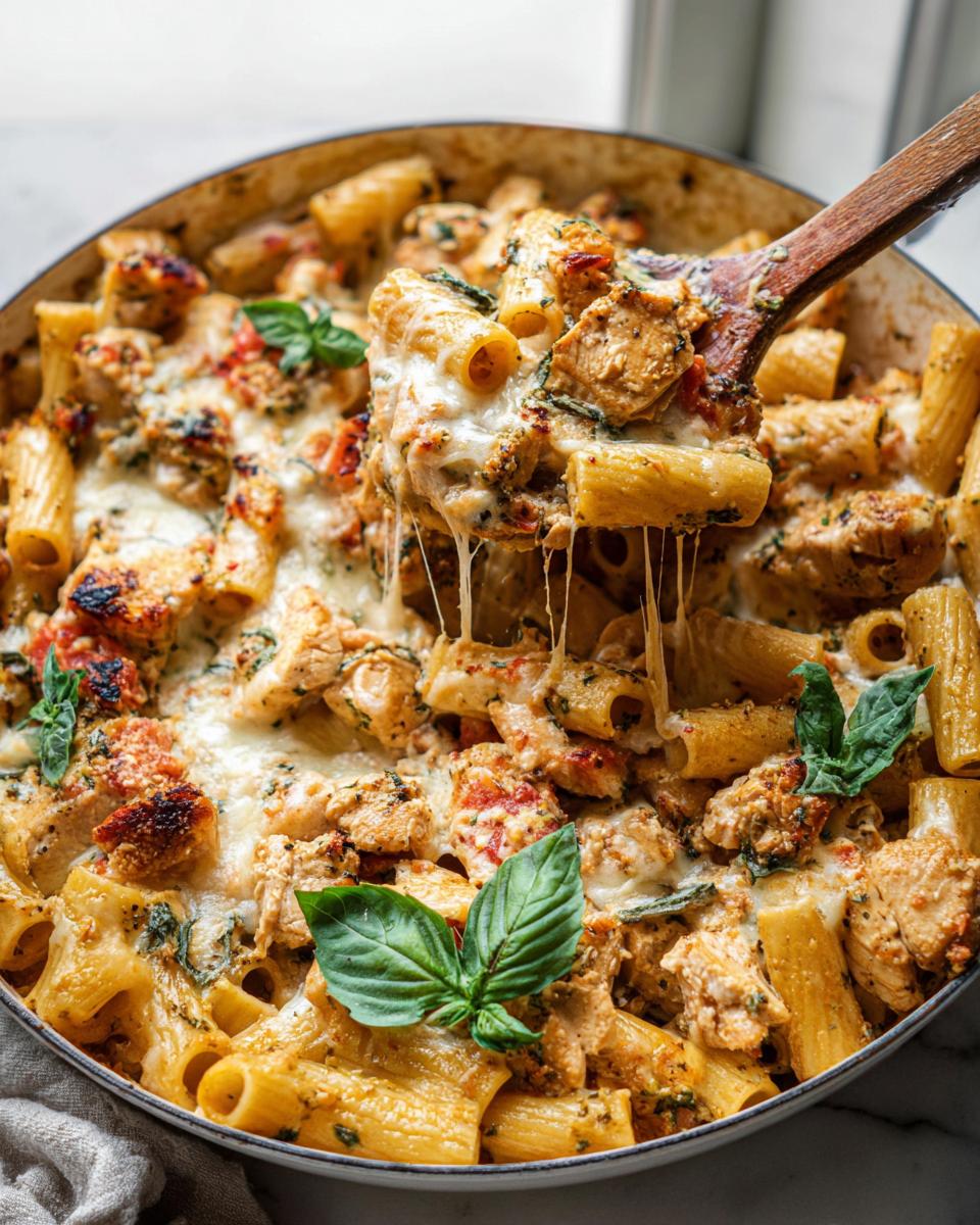 A wooden spoon lifting a cheesy portion of Chicken Pesto Pasta Bake, showing melted mozzarella strings.