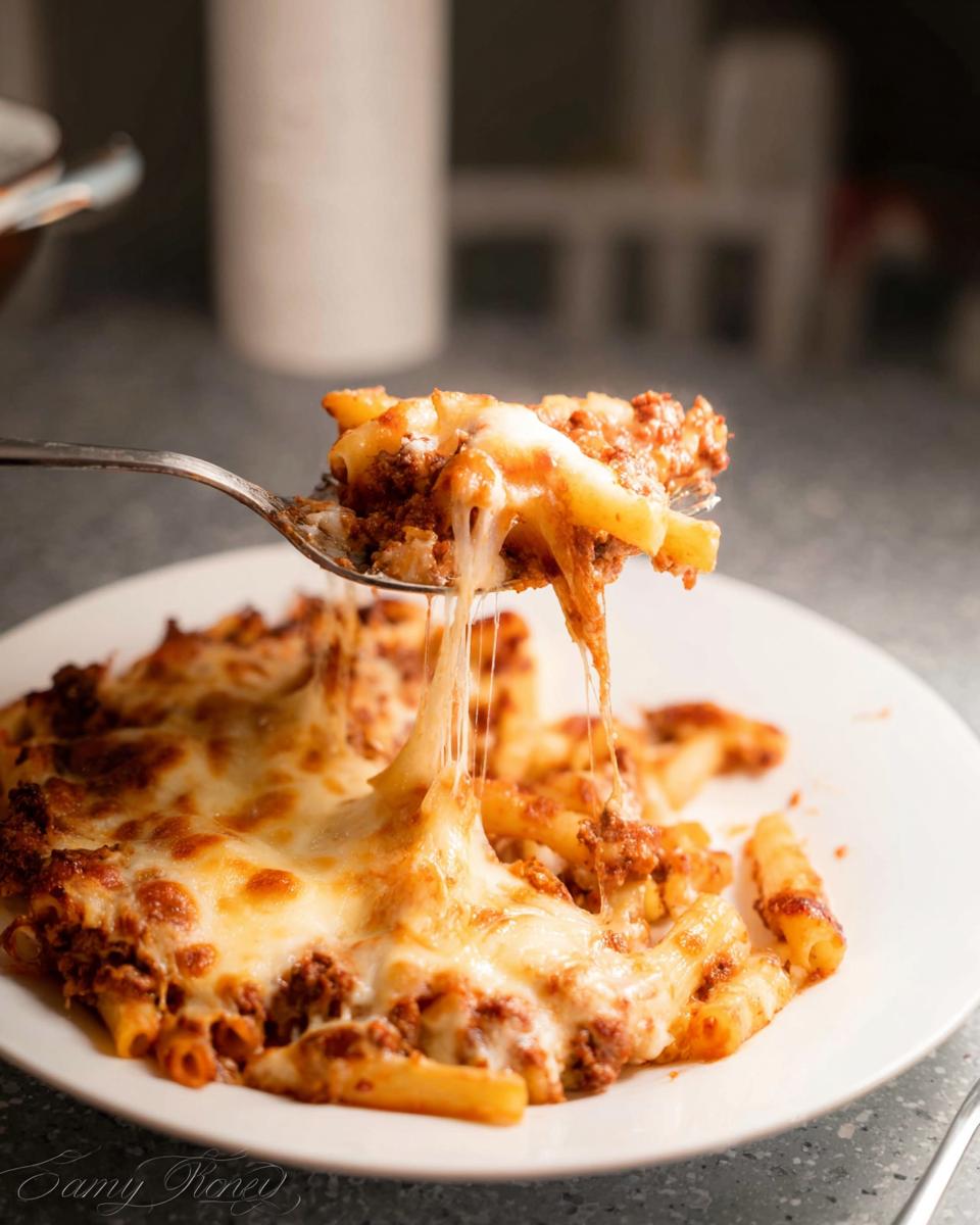 A fork lifts a cheesy portion of Baked Ziti for a Crowd, showing long, melted cheese pulls over the pasta and meat sauce.