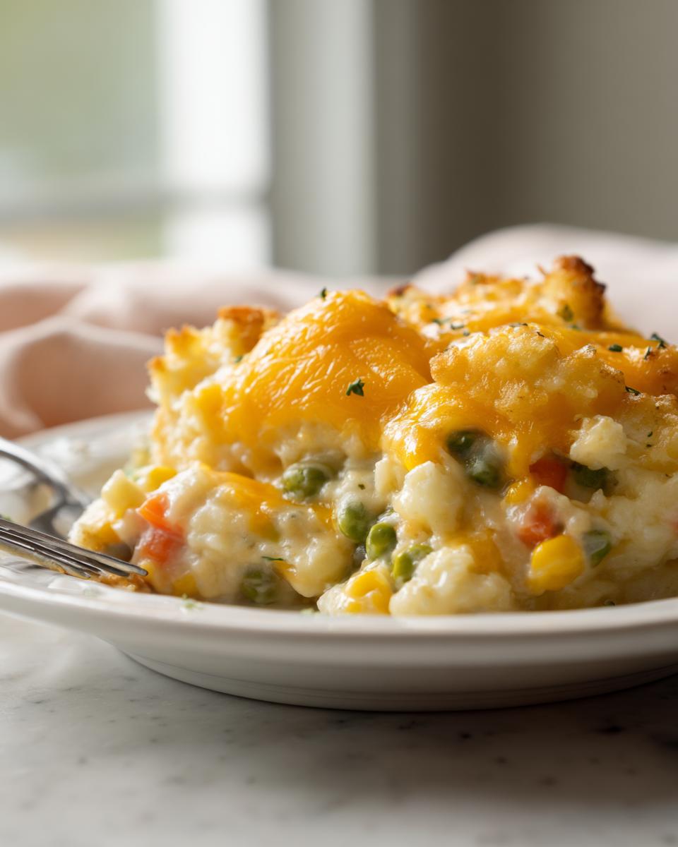 A close-up of a serving of cheesy vegetable casserole with peas, corn, and carrots, perfect for Quick & Easy Family Dinner Casseroles.