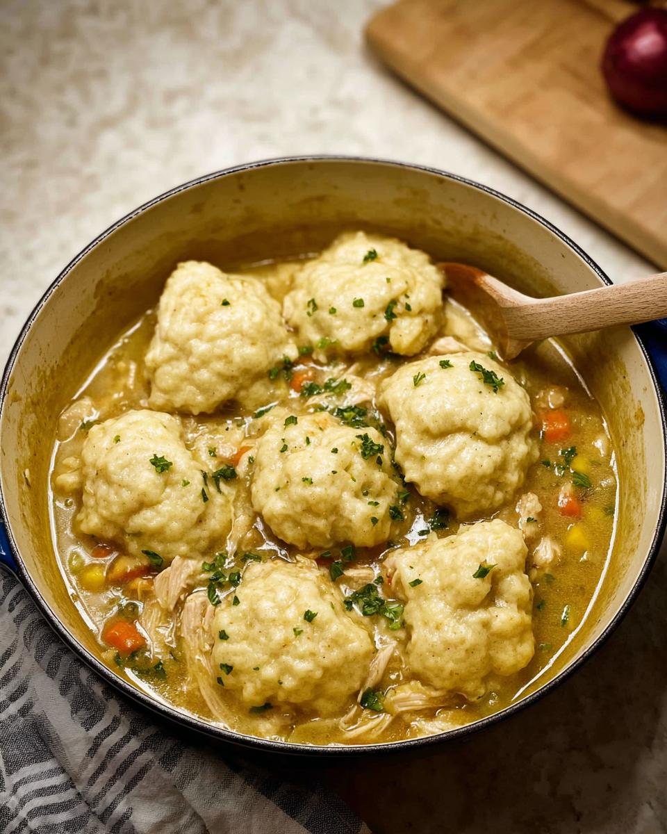 Close-up of hearty chicken and dumplings stew in a Dutch oven, a perfect example of Budget Dinners Under $10.