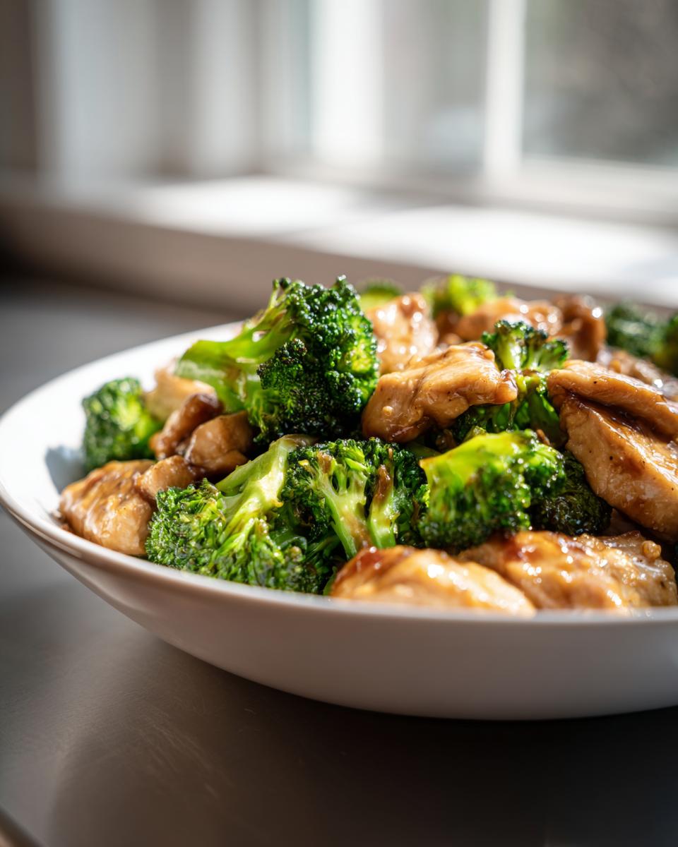 Close-up of chicken and broccoli stir-fry in a white bowl, perfect for Easy Weeknight Dinners That Even the Kids Will Eat.