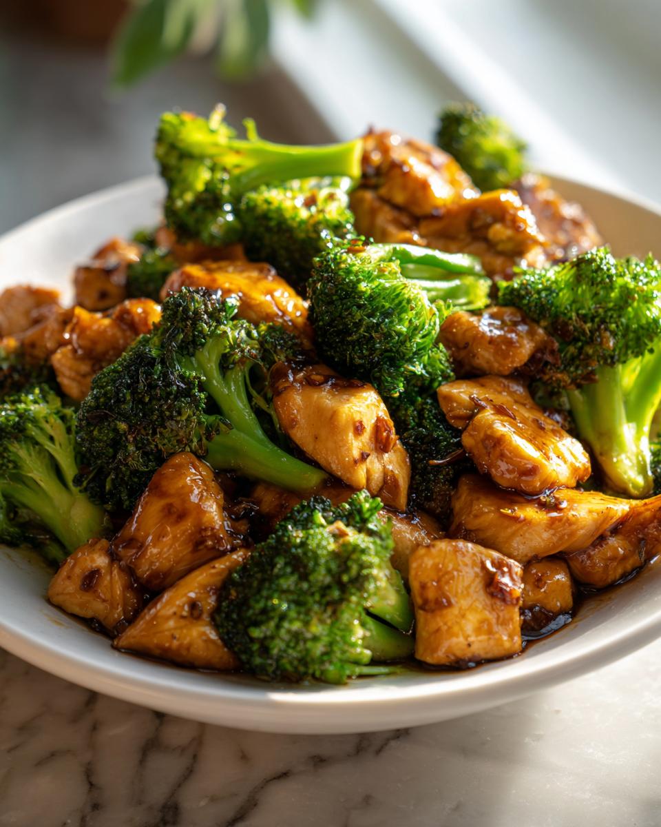 Close-up of glossy chicken and bright green broccoli stir-fry, perfect for Easy Weeknight Dinners.
