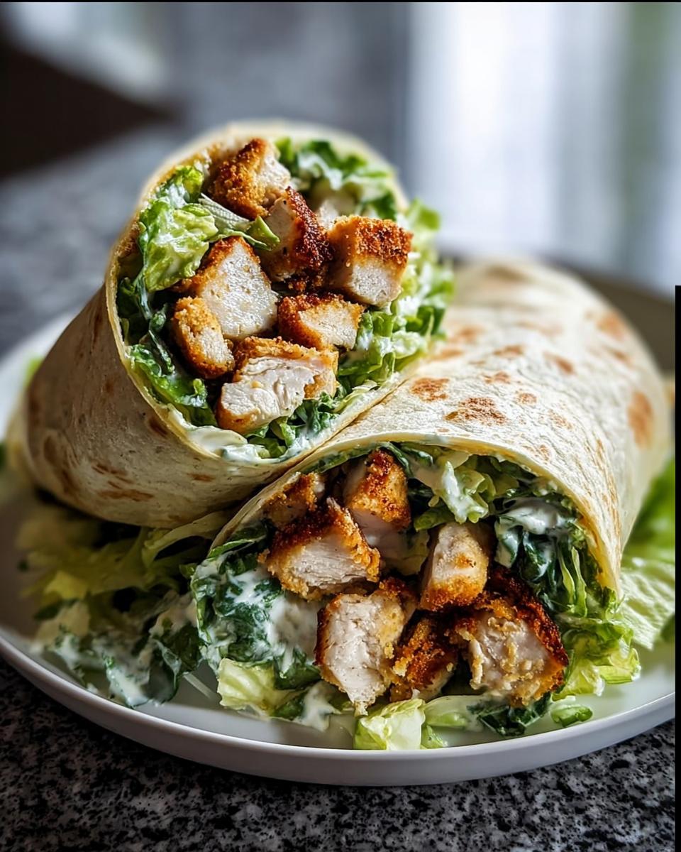Two halves of a freshly made Chicken Caesar Wraps, filled with crispy chicken pieces, romaine lettuce, and creamy dressing.
