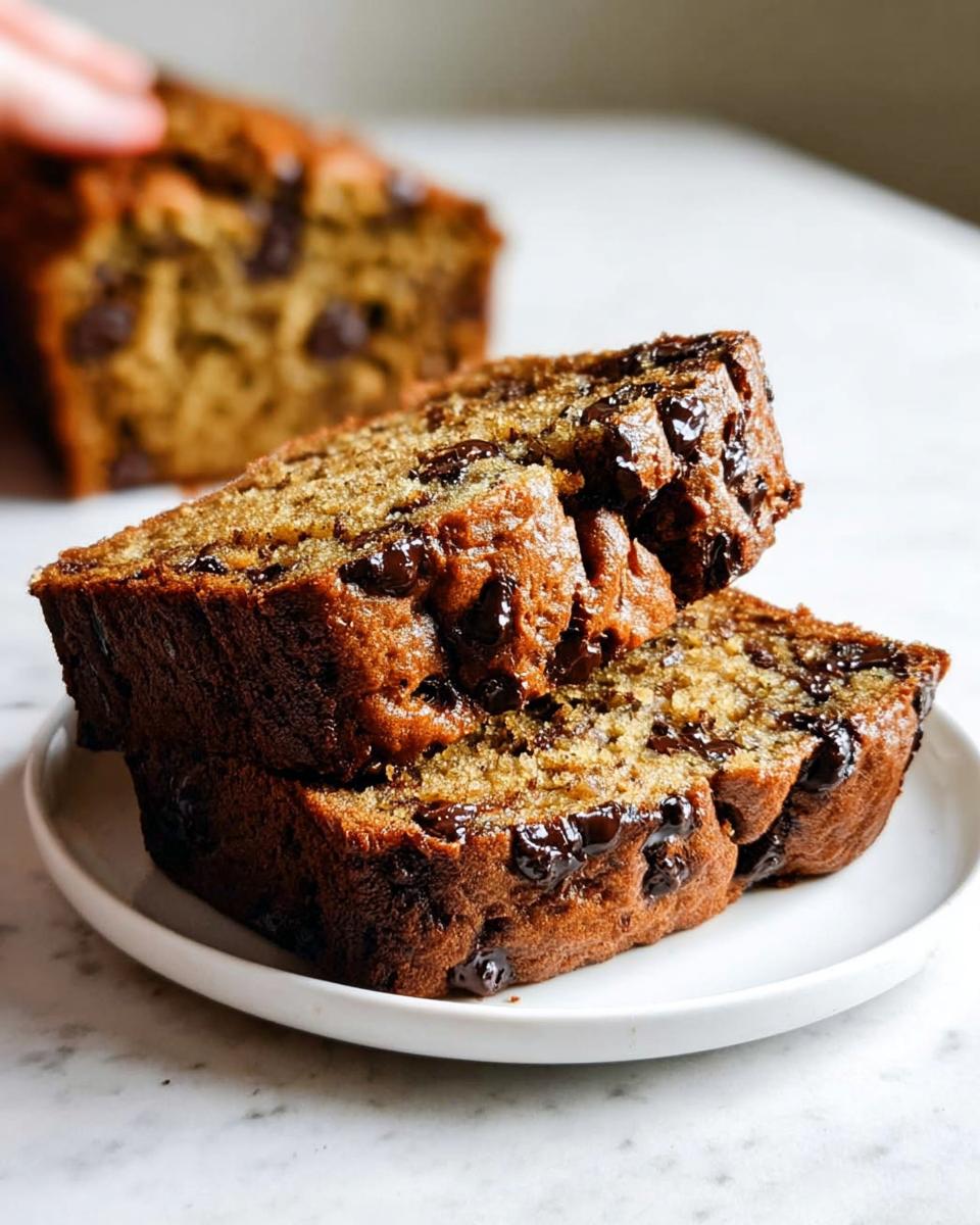 Two stacked slices of moist Chocolate Chip Banana Bread with melted chocolate chips on a white plate.
