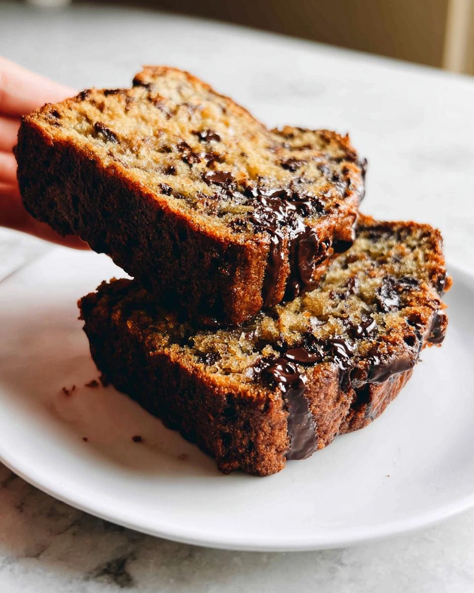 Two slices of moist Chocolate Chip Banana Bread stacked on a white plate with melted chocolate drizzle.