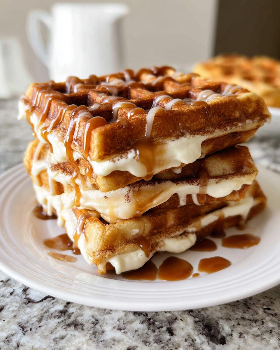 A tall stack of three Cinnamon Roll Waffles layered with cream cheese frosting and drizzled heavily with caramel sauce.