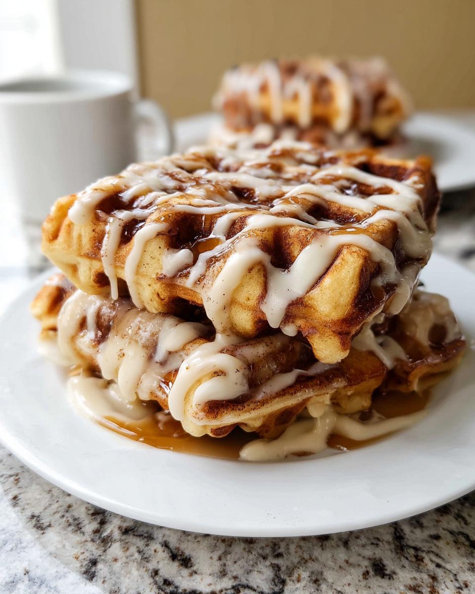 A stack of golden Cinnamon Roll Waffles generously drizzled with white icing and syrup.