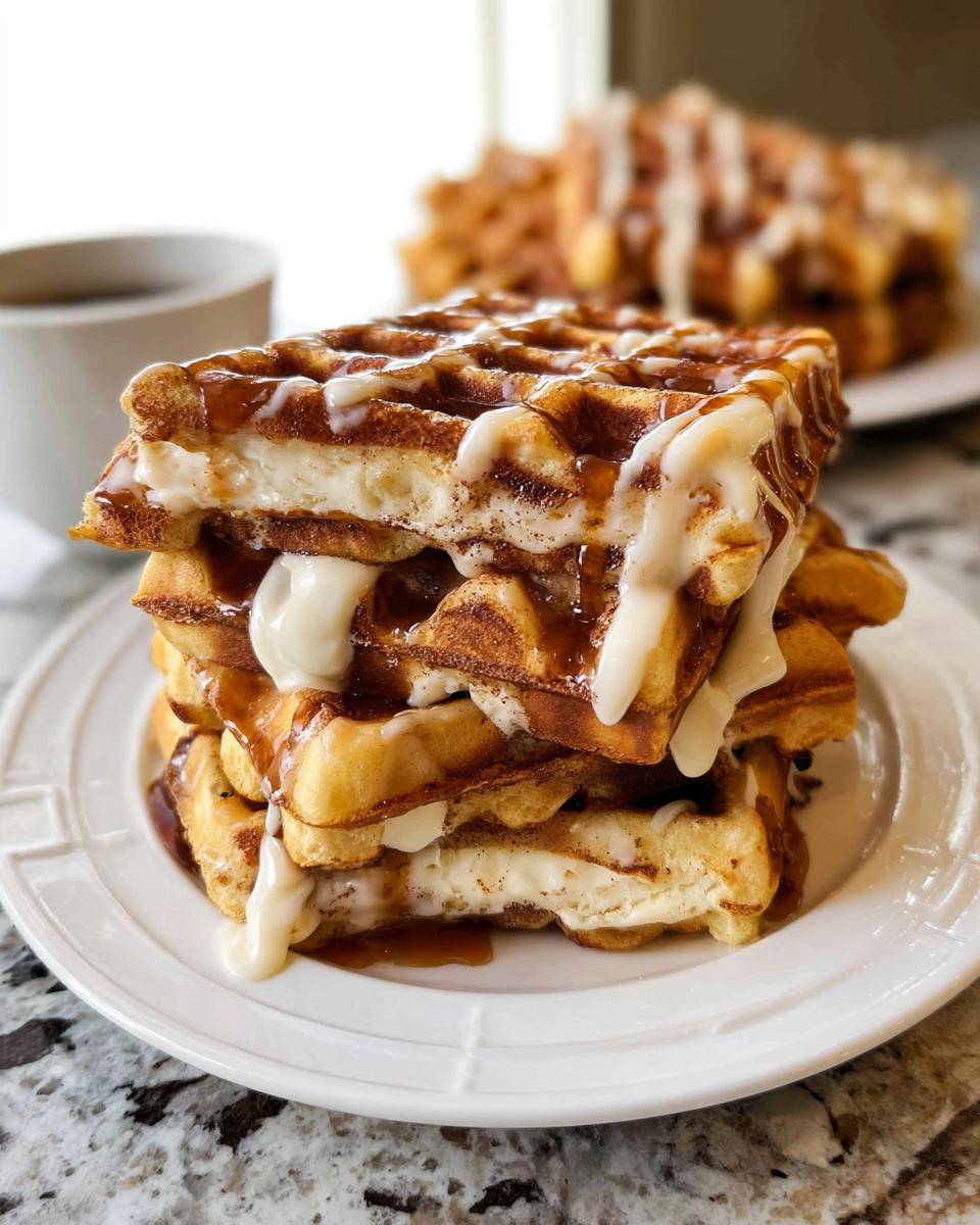 A tall stack of three Cinnamon Roll Waffles dripping with cream cheese icing and caramel sauce on a white plate.