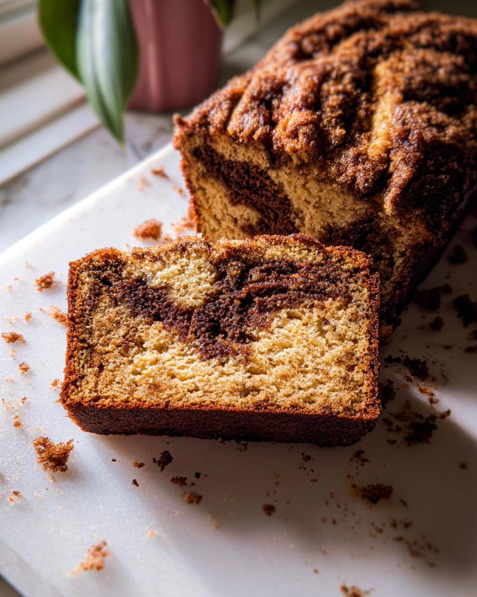 Close-up of a slice of Cinnamon Swirl Banana Bread showing the marbled interior and crunchy cinnamon topping.
