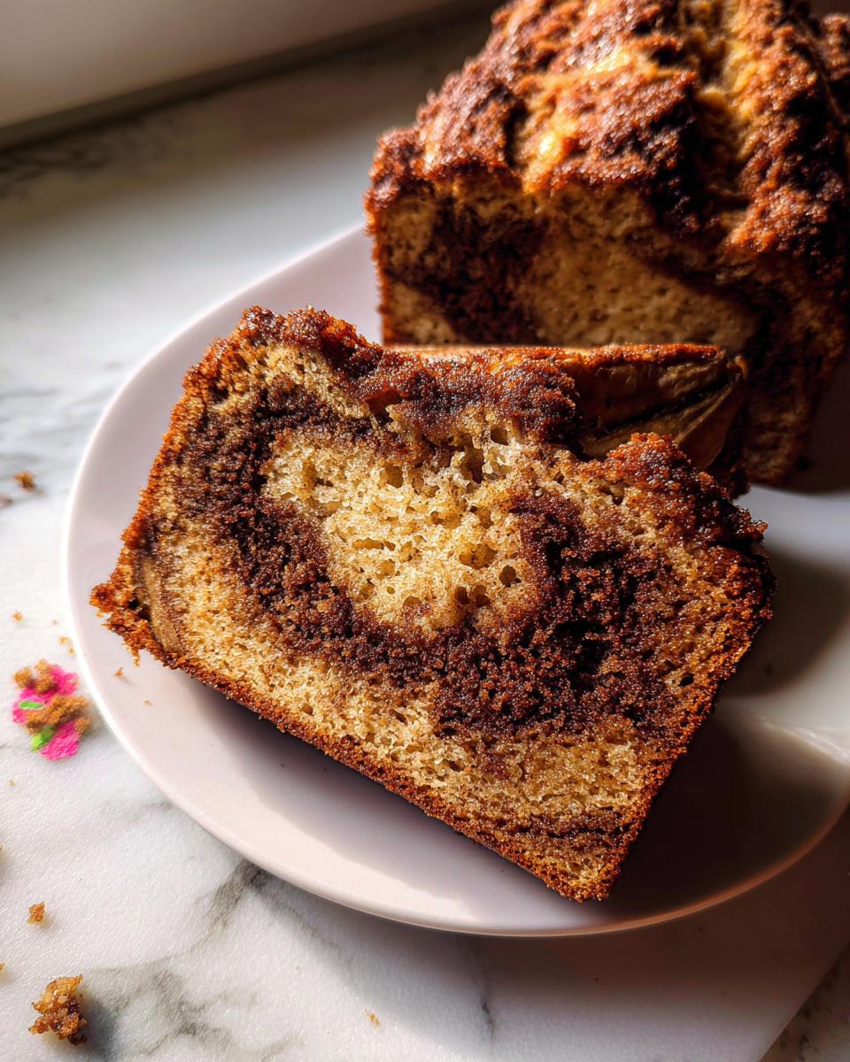 Close-up of a thick slice of Cinnamon Swirl Banana Bread showing a rich, dark cinnamon swirl pattern.