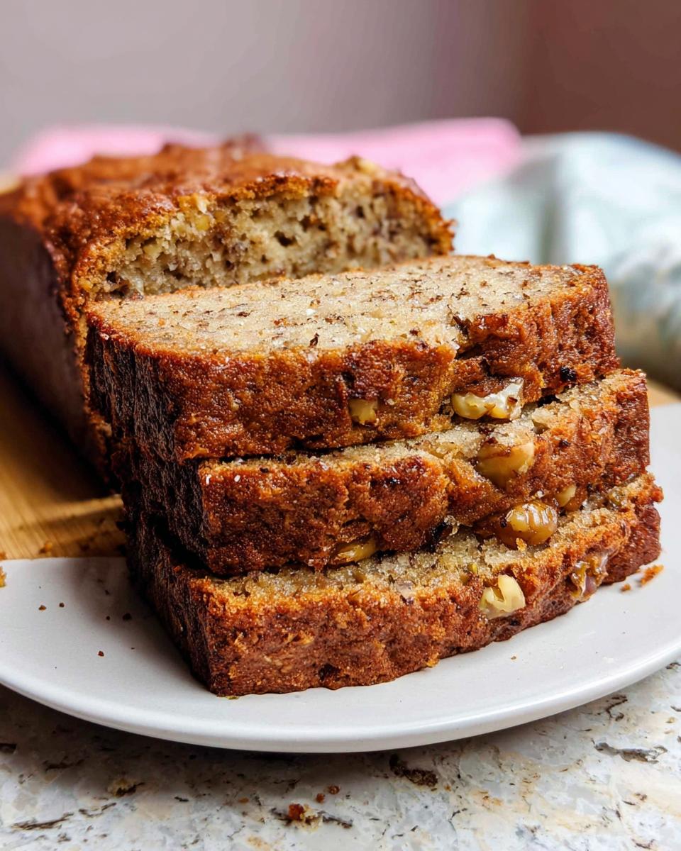 Three thick slices of moist, classic Banana Nut Bread stacked on a white plate, showing visible walnuts.