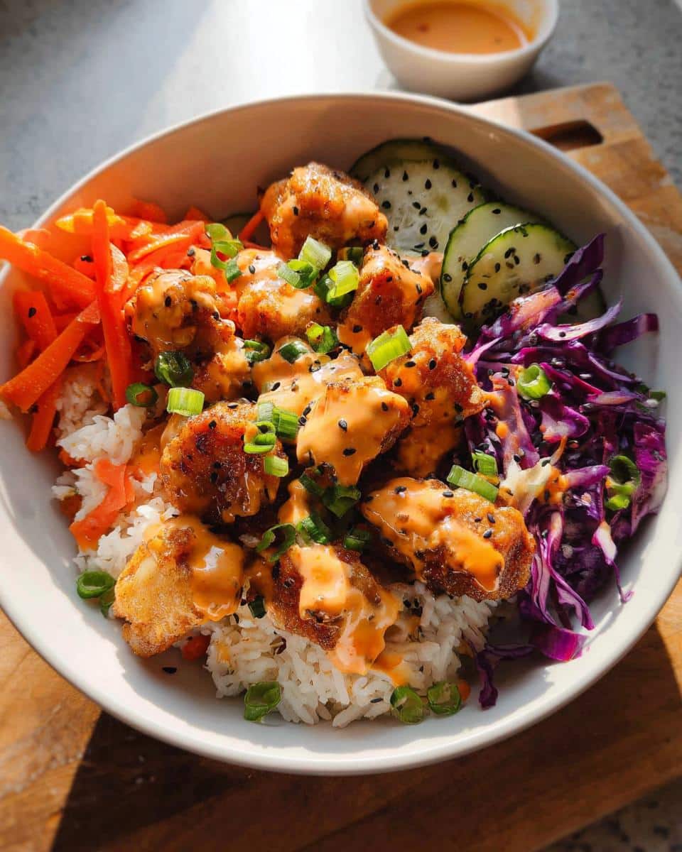 Close-up of a vibrant Bang Bang Chicken Bowl featuring crispy chicken, white rice, shredded carrots, red cabbage, and cucumber slices.