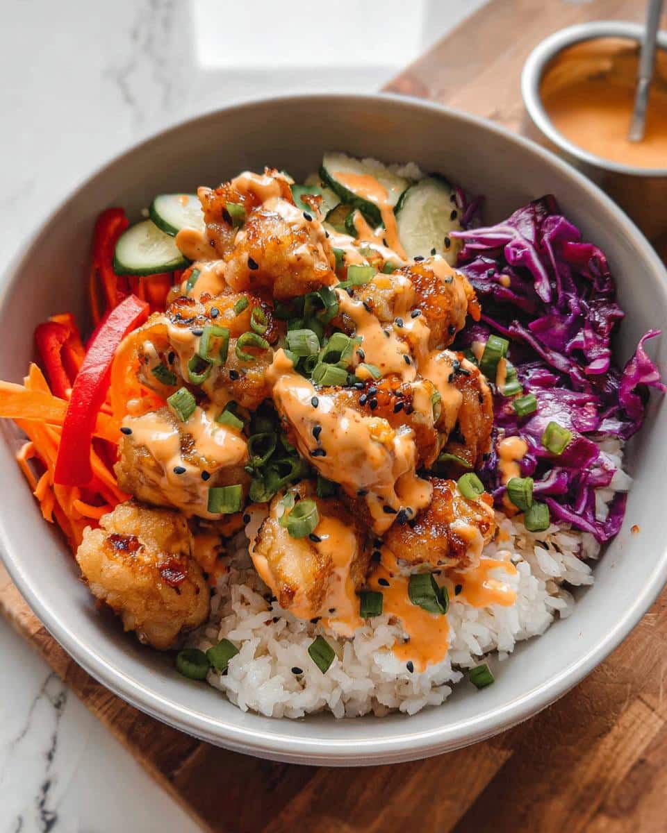 Close-up of a Classic Bang Bang Chicken Bowl featuring crispy chicken drizzled with sauce over rice and colorful vegetables.