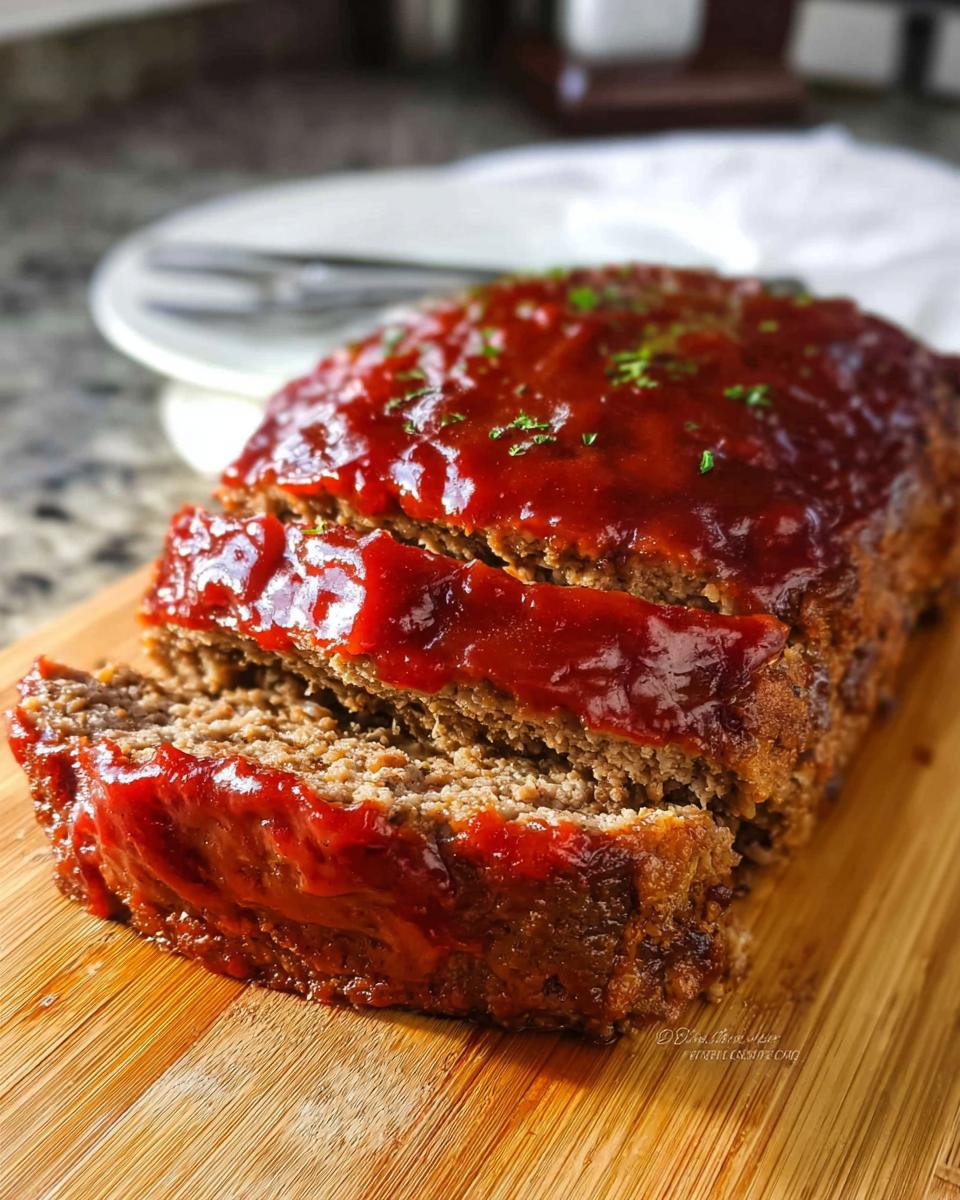 A close-up of a sliced Classic Meatloaf topped with a shiny, thick red glaze, resting on a wooden cutting board.