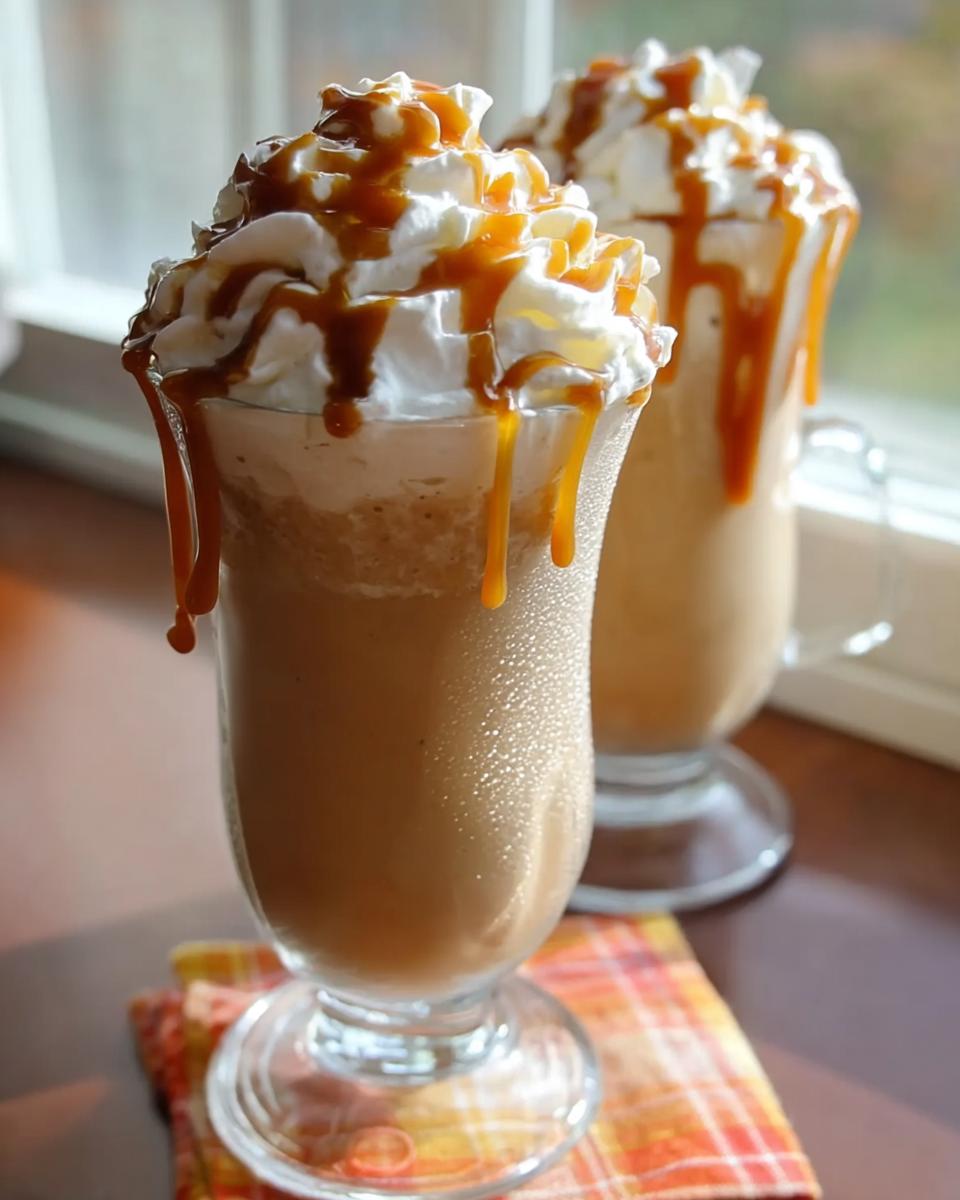 Two tall glasses of homemade Caramel Frappuccino (copycat) topped high with whipped cream and dripping caramel sauce.