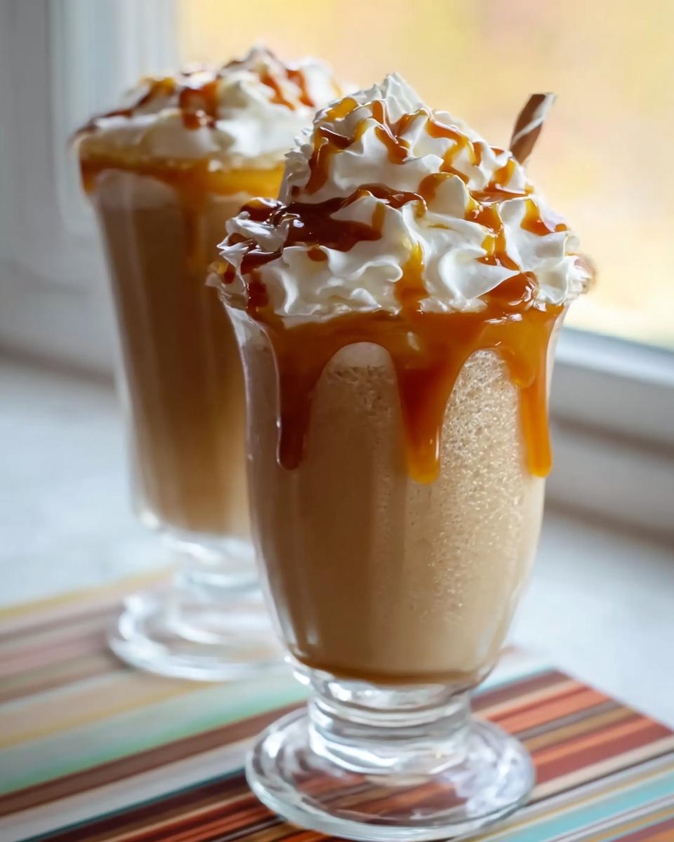 Two tall glasses filled with a blended Caramel Frappuccino (Copycat) topped with whipped cream and caramel drizzle.