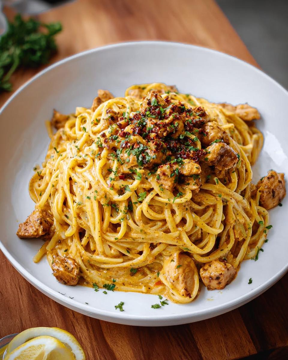 A generous serving of creamy Cowboy Butter Chicken Linguine topped with spices and fresh parsley.