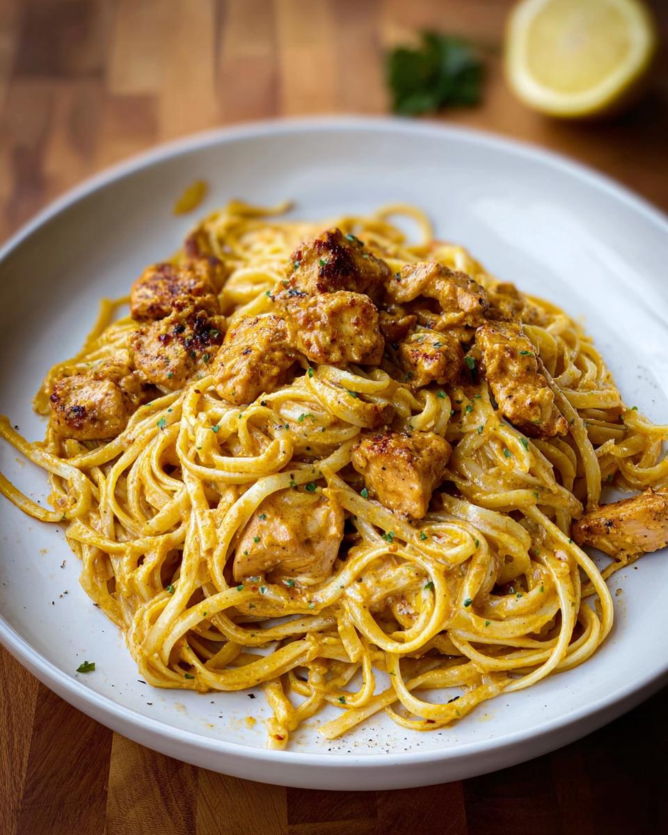 Close-up of Cowboy Butter Chicken Linguine tossed in a rich, creamy sauce, topped with seasoned chicken pieces.