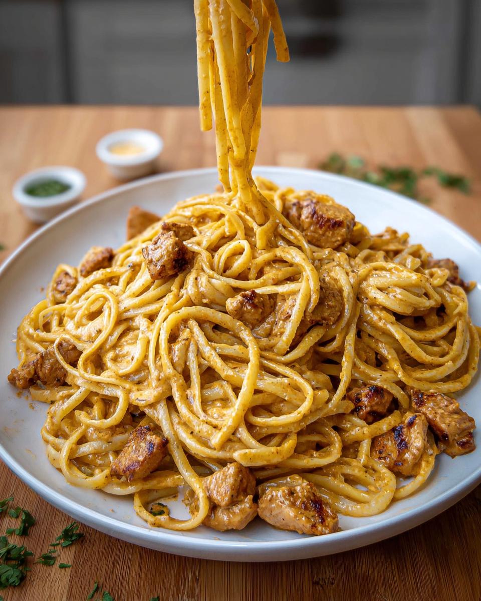 A fork twirls linguine coated in creamy sauce and chunks of chicken from a plate of Cowboy Butter Chicken Linguine.