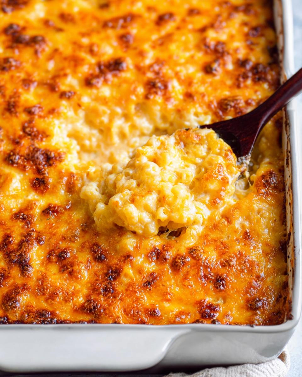 A wooden spoon scoops a generous portion of creamy Baked Mac and Cheese with a golden, bubbly cheese crust.