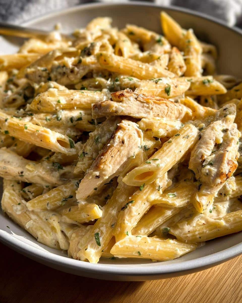 A close-up of penne pasta coated in a rich, creamy garlic parmesan sauce with sliced grilled chicken.