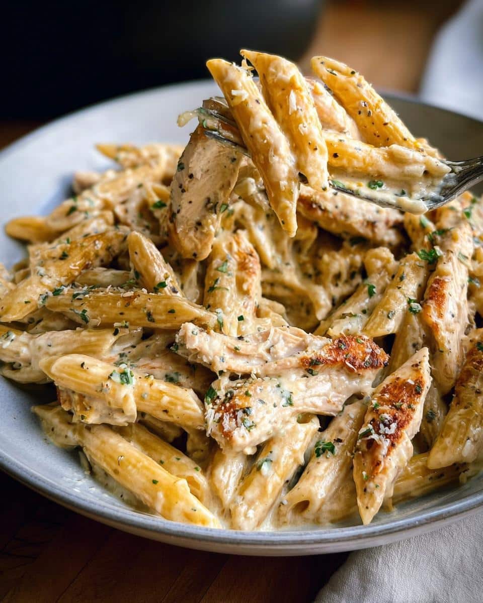 A fork lifting penne pasta coated in rich sauce with chicken pieces from a bowl of Creamy Garlic Parmesan Chicken Pasta.