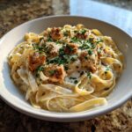 A close-up of fettuccine pasta coated in a rich sauce, topped with seasoned chicken pieces, Parmesan, and parsley for Creamy Garlic Parmesan Chicken Pasta.
