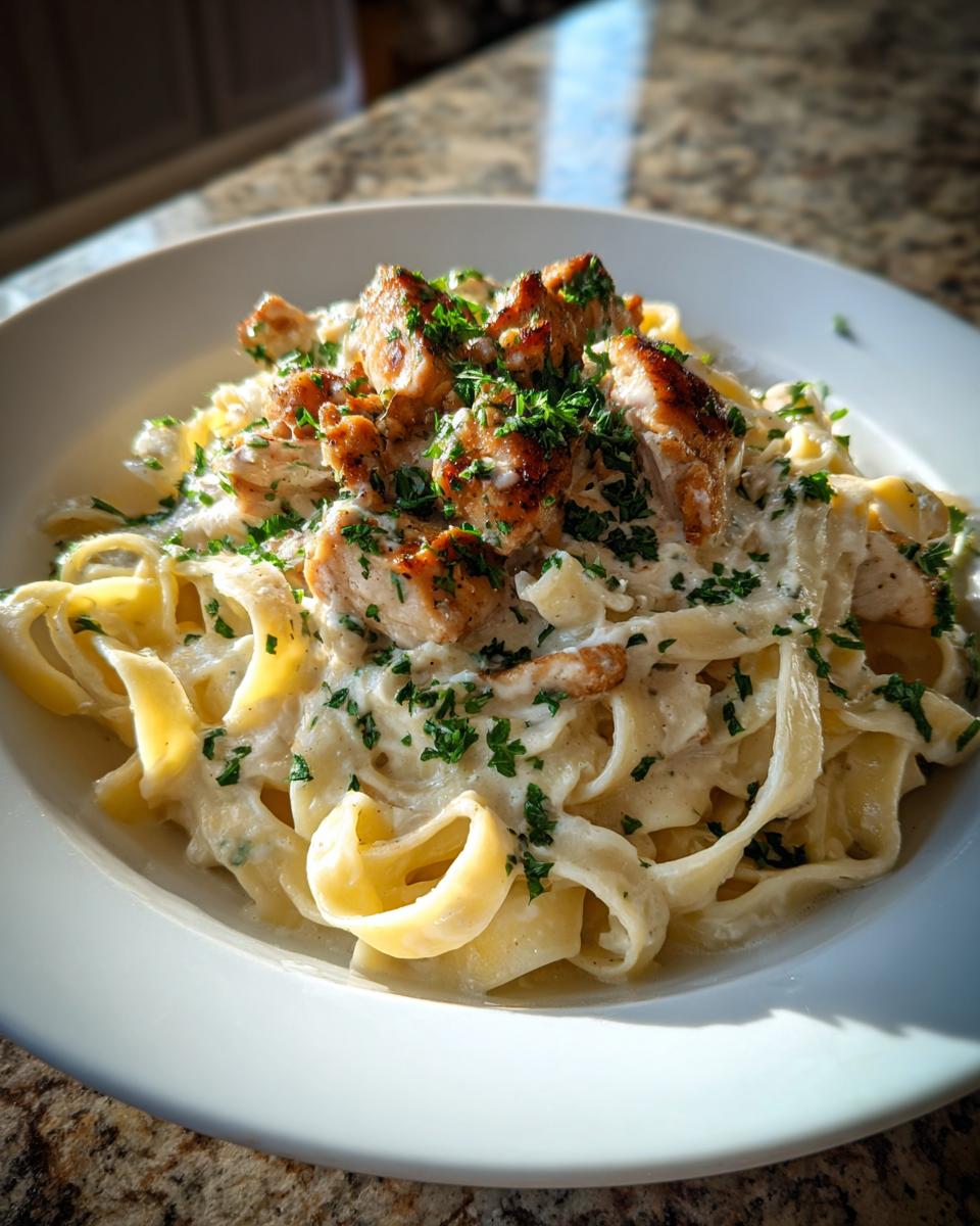 A close-up of Creamy Garlic Parmesan Chicken Pasta featuring fettuccine noodles coated in a rich white sauce and topped with seasoned chicken pieces and parsley.