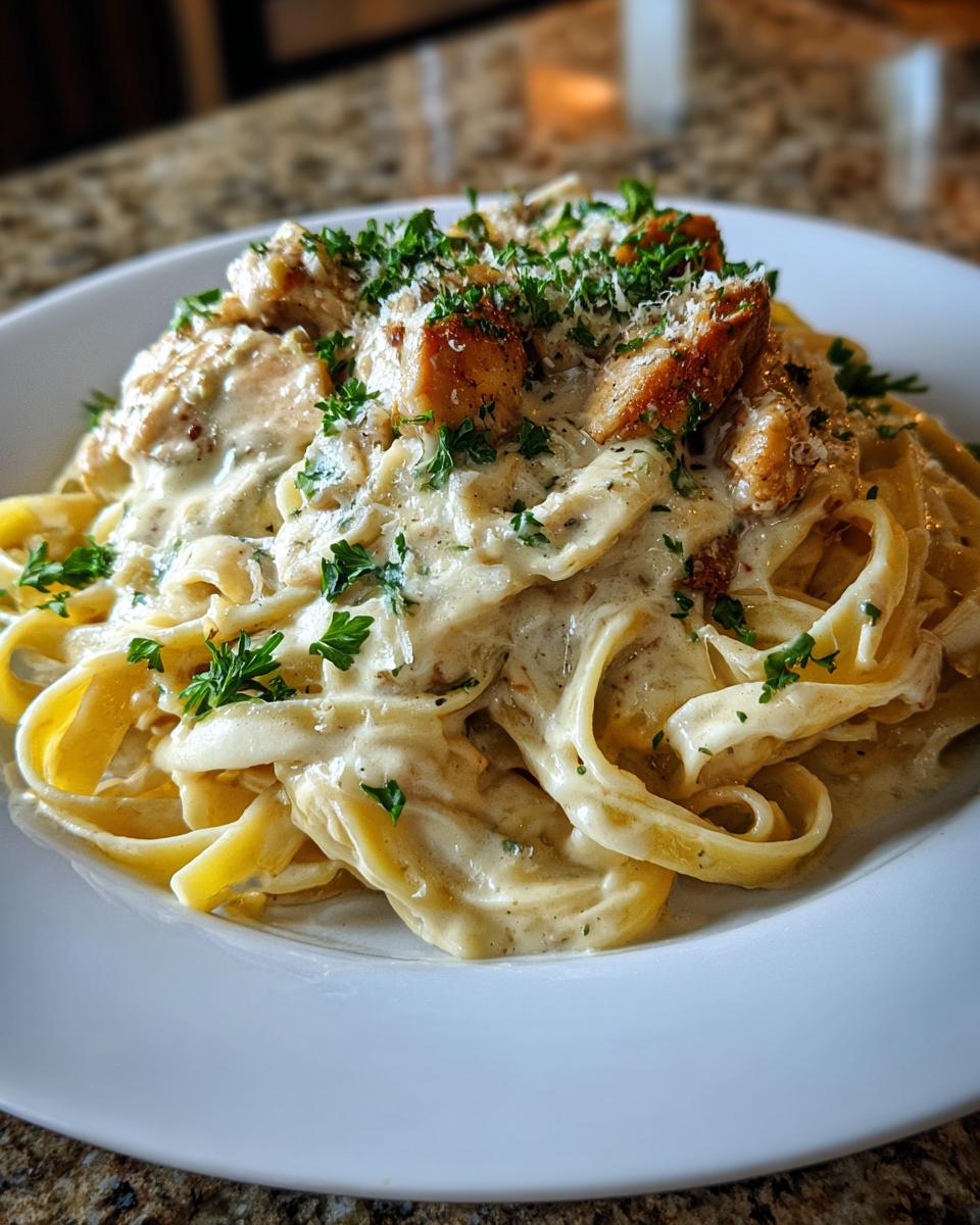 A close-up of a white plate piled high with Creamy Garlic Parmesan Chicken Pasta, topped with chicken pieces and fresh parsley.