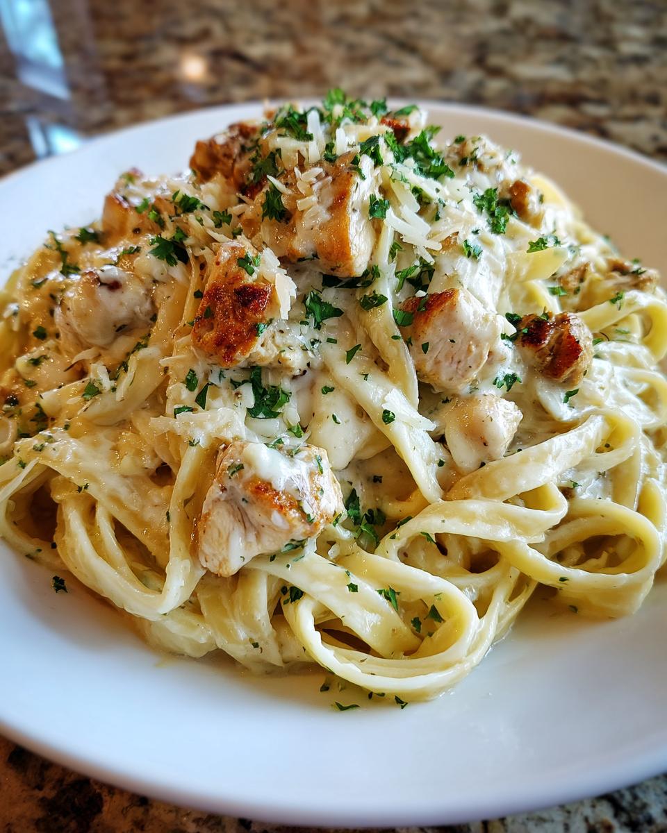 Close-up of a white bowl filled with creamy garlic parmesan chicken pasta, topped with grilled chicken chunks and fresh parsley.
