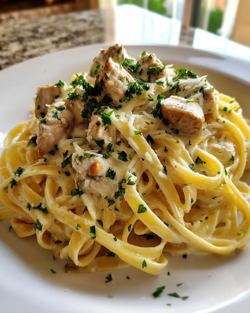 Close-up of a plate of Creamy Garlic Parmesan Chicken Pasta topped with chopped parsley.