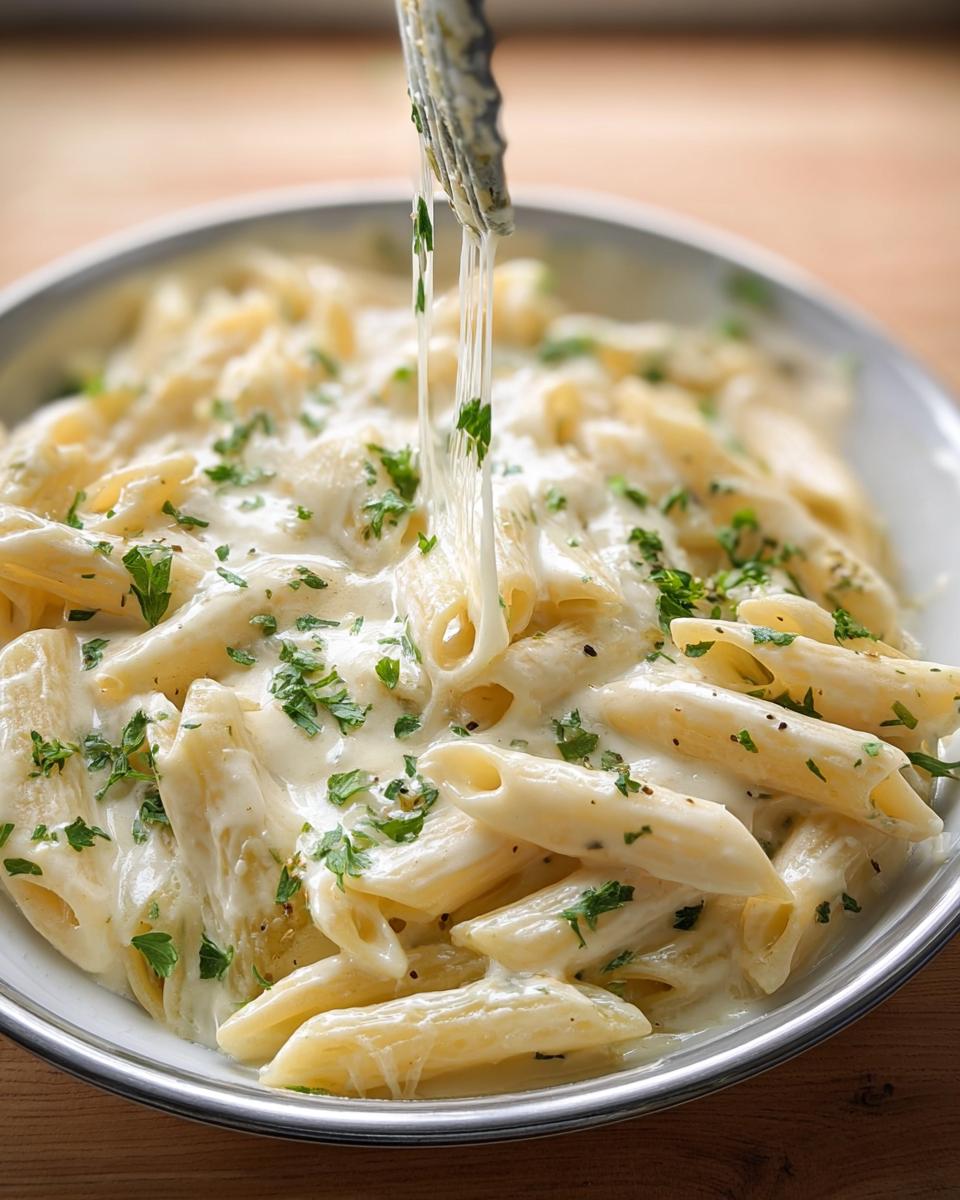 Close-up of Creamy Garlic Penne being lifted with tongs, showing a long cheese pull over the rich sauce.