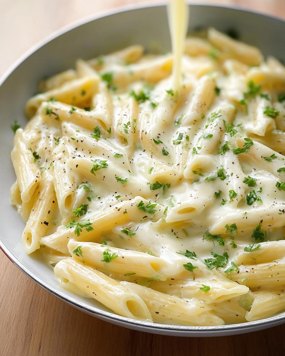 Close-up of penne pasta being coated in rich, white sauce, garnished with parsley for Creamy Garlic Penne.