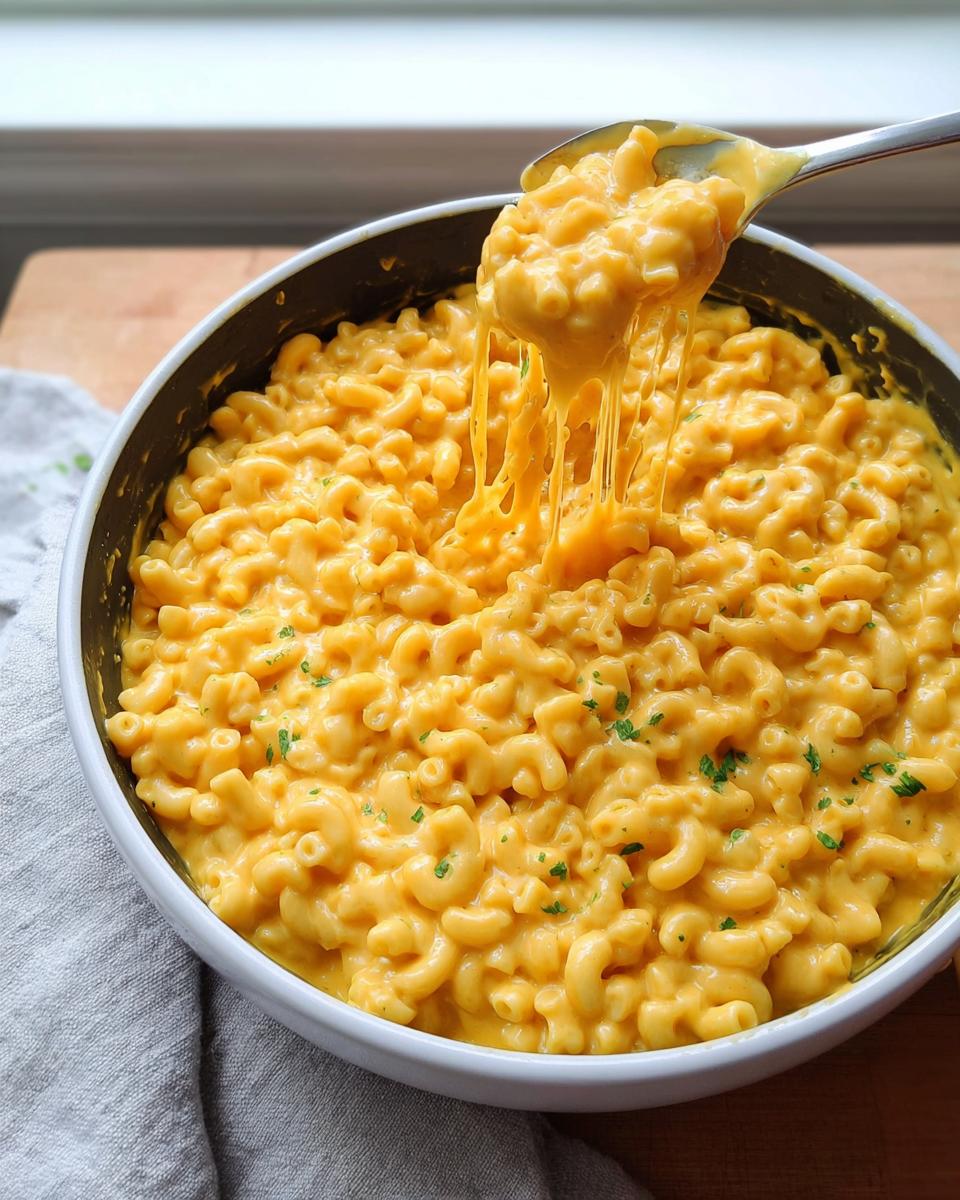 A spoonful of creamy, cheesy macaroni being lifted from a bowl, showing long cheese pulls, perfect for an Easy Weeknight Pasta Skillet.