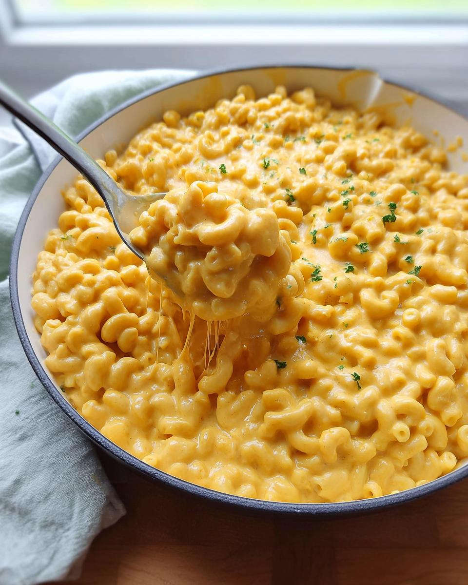 A spoonful of creamy macaroni being lifted from a skillet of cheesy pasta, showing cheese pulls. Perfect for an Easy Weeknight Pasta Skillet.