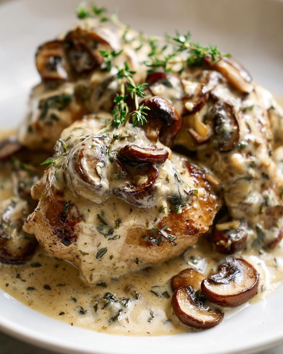 Close-up of pan-seared chicken pieces smothered in a rich, creamy mushroom sauce, garnished with fresh thyme.