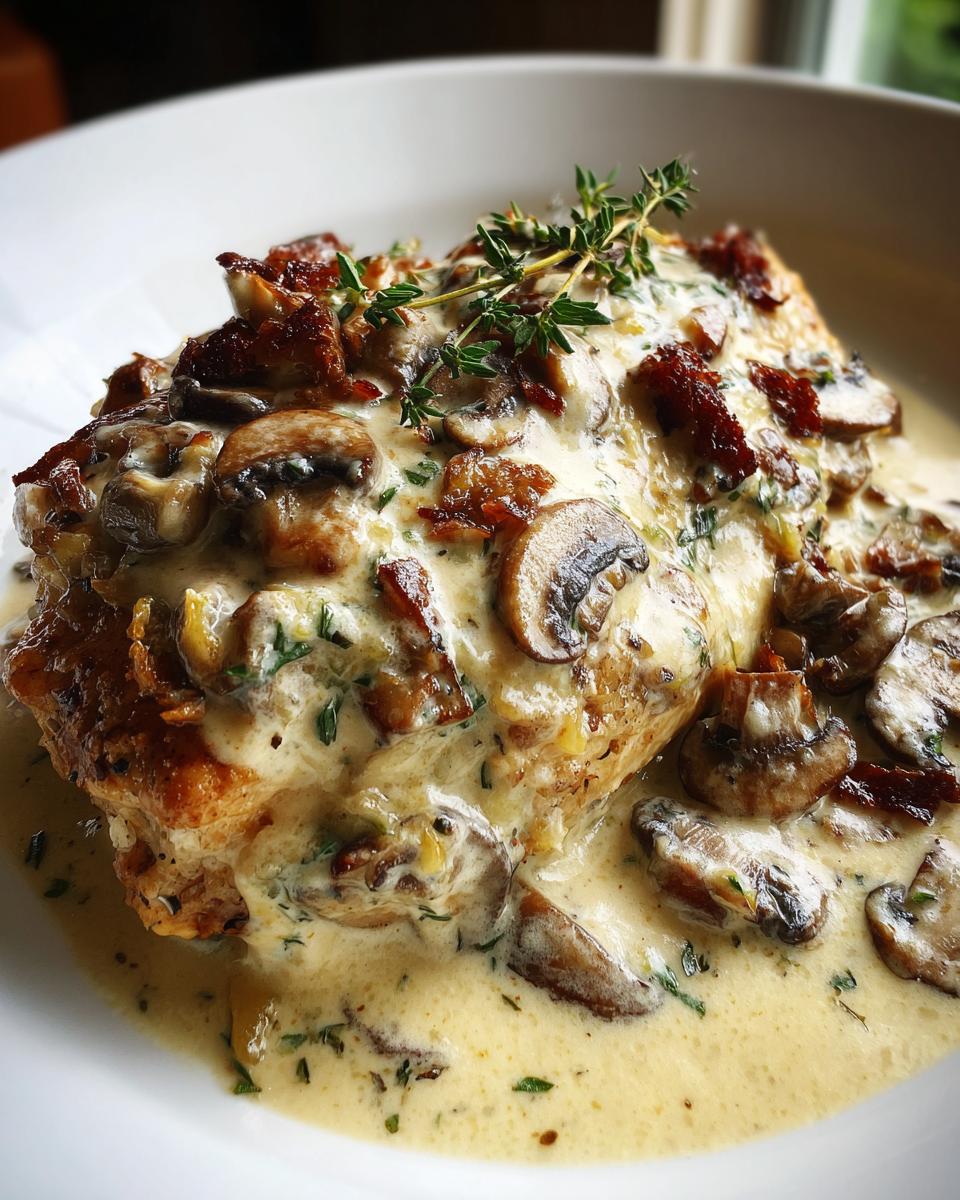 Close-up of a pan-seared chicken breast smothered in a rich, creamy mushroom sauce, garnished with thyme.