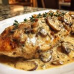 A golden-brown chicken breast smothered in rich, creamy mushroom sauce and garnished with fresh thyme.