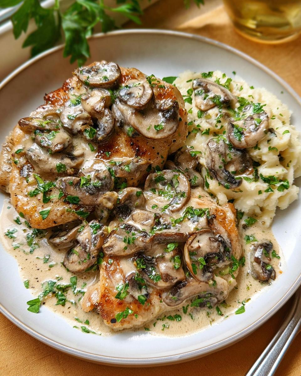 Two pan-seared Creamy Mushroom Chicken Thighs smothered in mushroom sauce, served next to mashed potatoes and garnished with parsley.